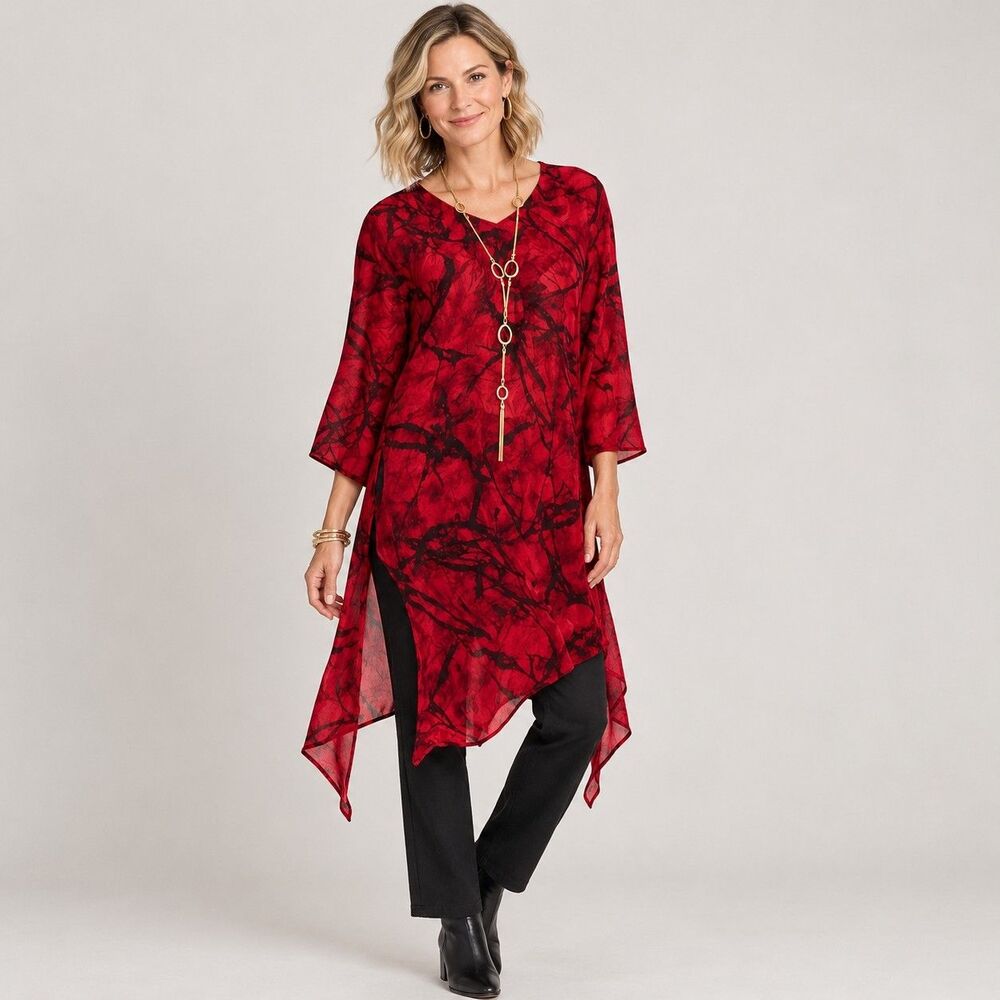 CHICOS Red Black 100% Silk Artsy Abstract Marble Asymmetrical Tunic - S/M